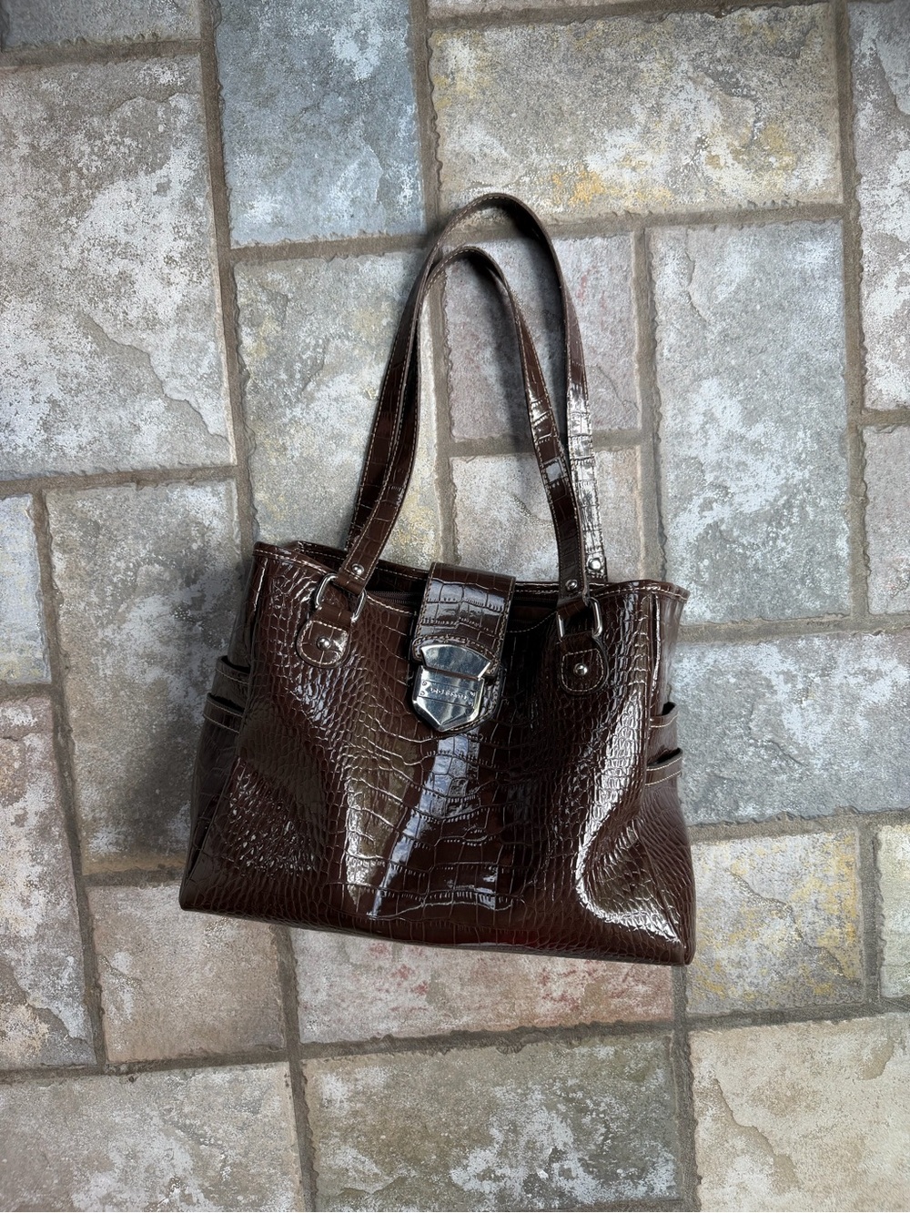 Brown croc-embossed faux leather purse